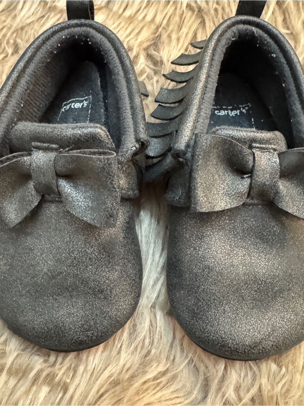 Carter's Metallic Black Baby Bow & Fringe Moccasins 6-9m - Picture 3 of 8